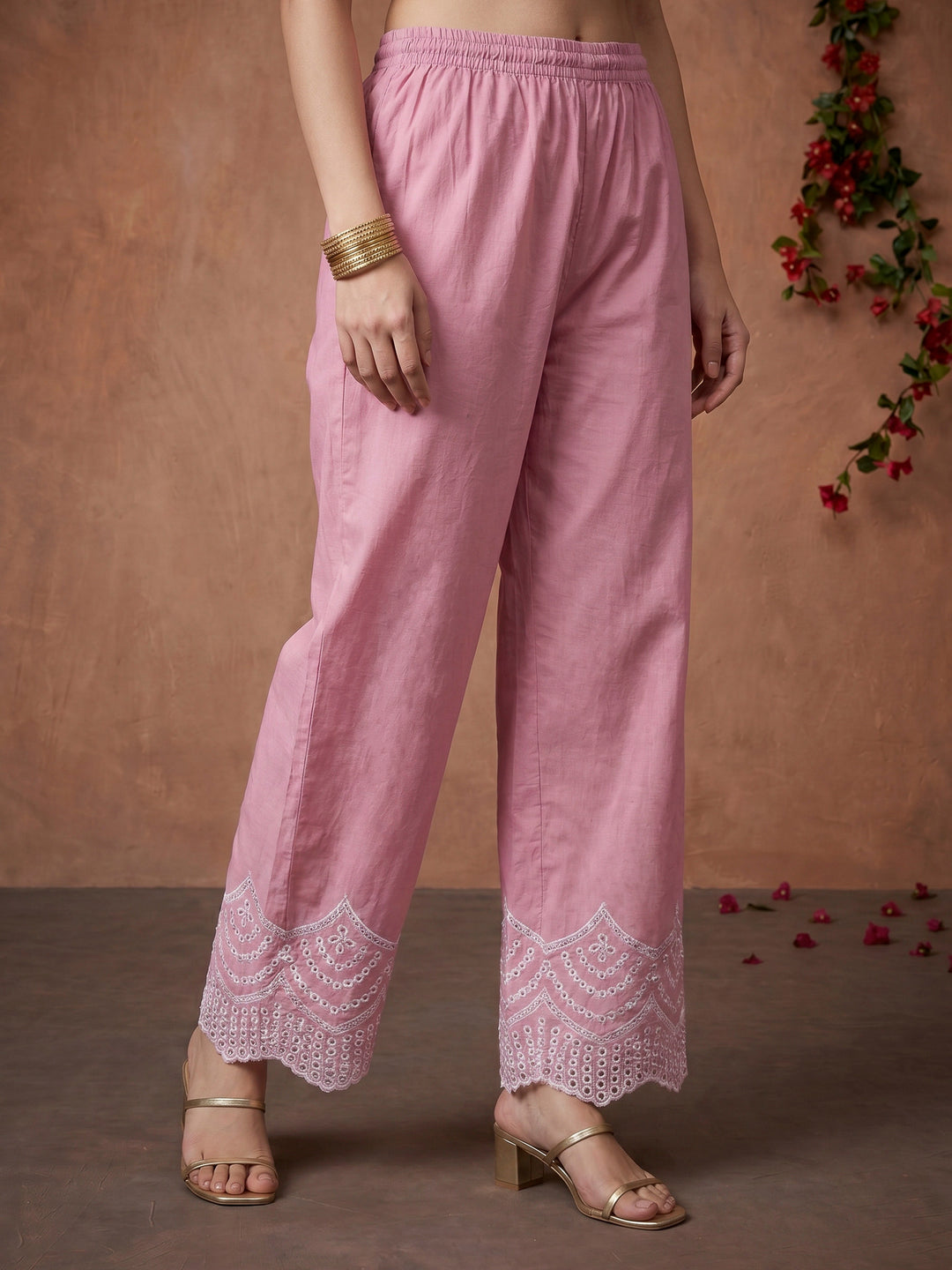 Pink Embroidered Cotton Blend Kurta Set