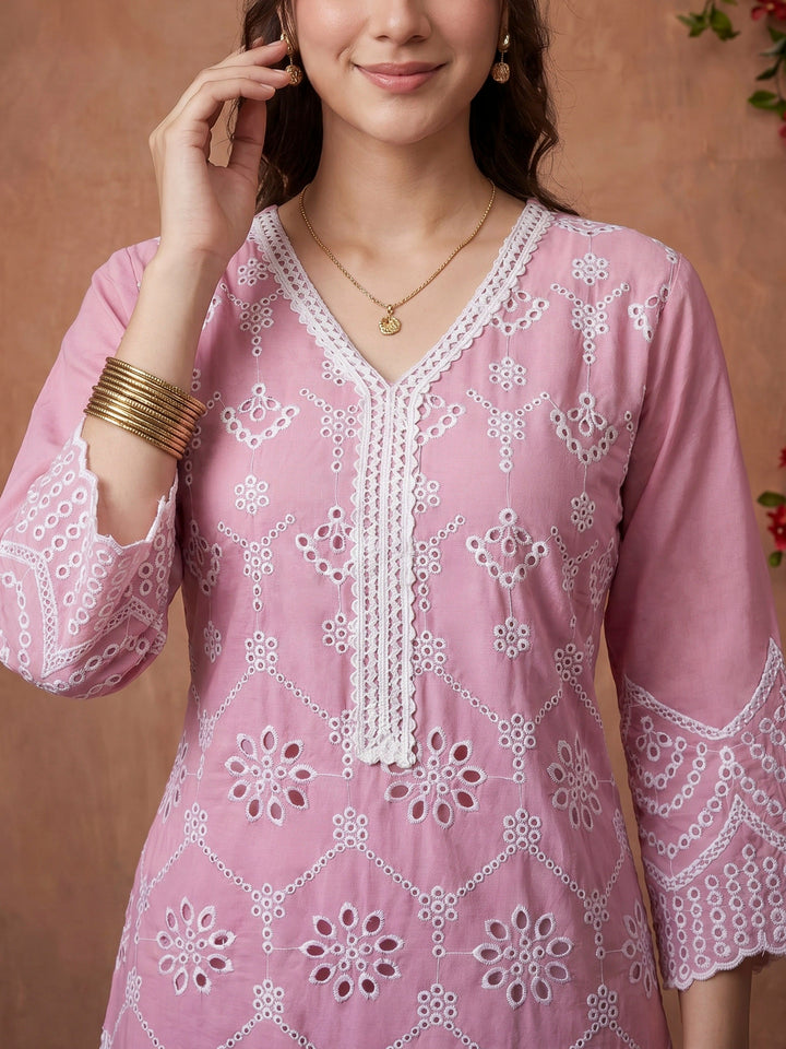 Pink Embroidered Cotton Blend Kurta Set