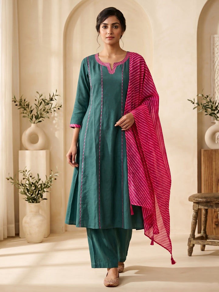 Green Embroidered Chanderi Kurta With Pant &amp; Dupatta