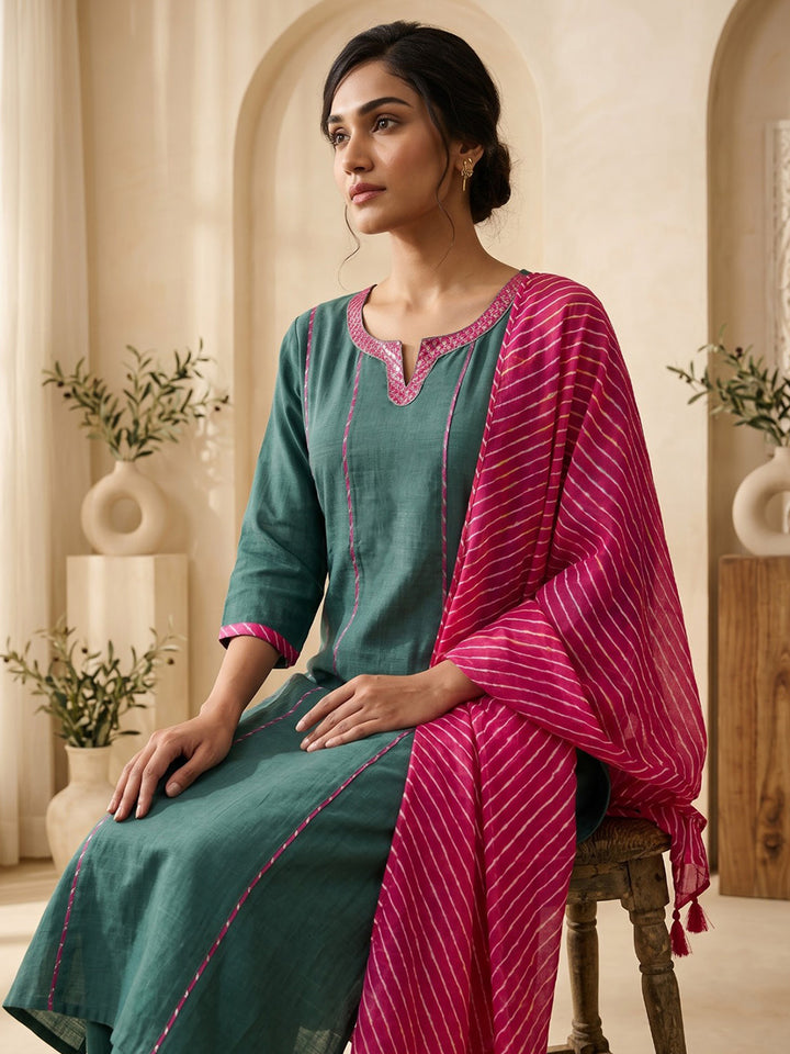 Green Embroidered Chanderi Kurta With Pant &amp; Dupatta