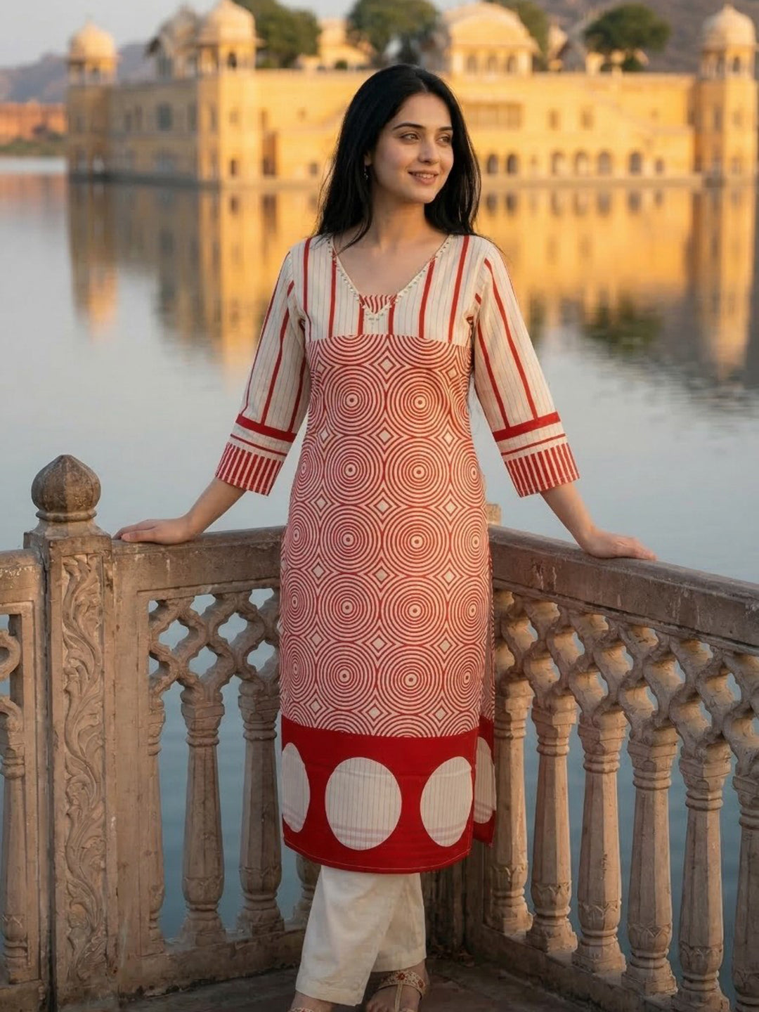 Red Embroidered Cotton Blend Round Neck Kurta Set