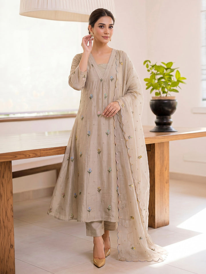 Beige Printed Cotton Blend Kurta With Pant &amp; Dupatta
