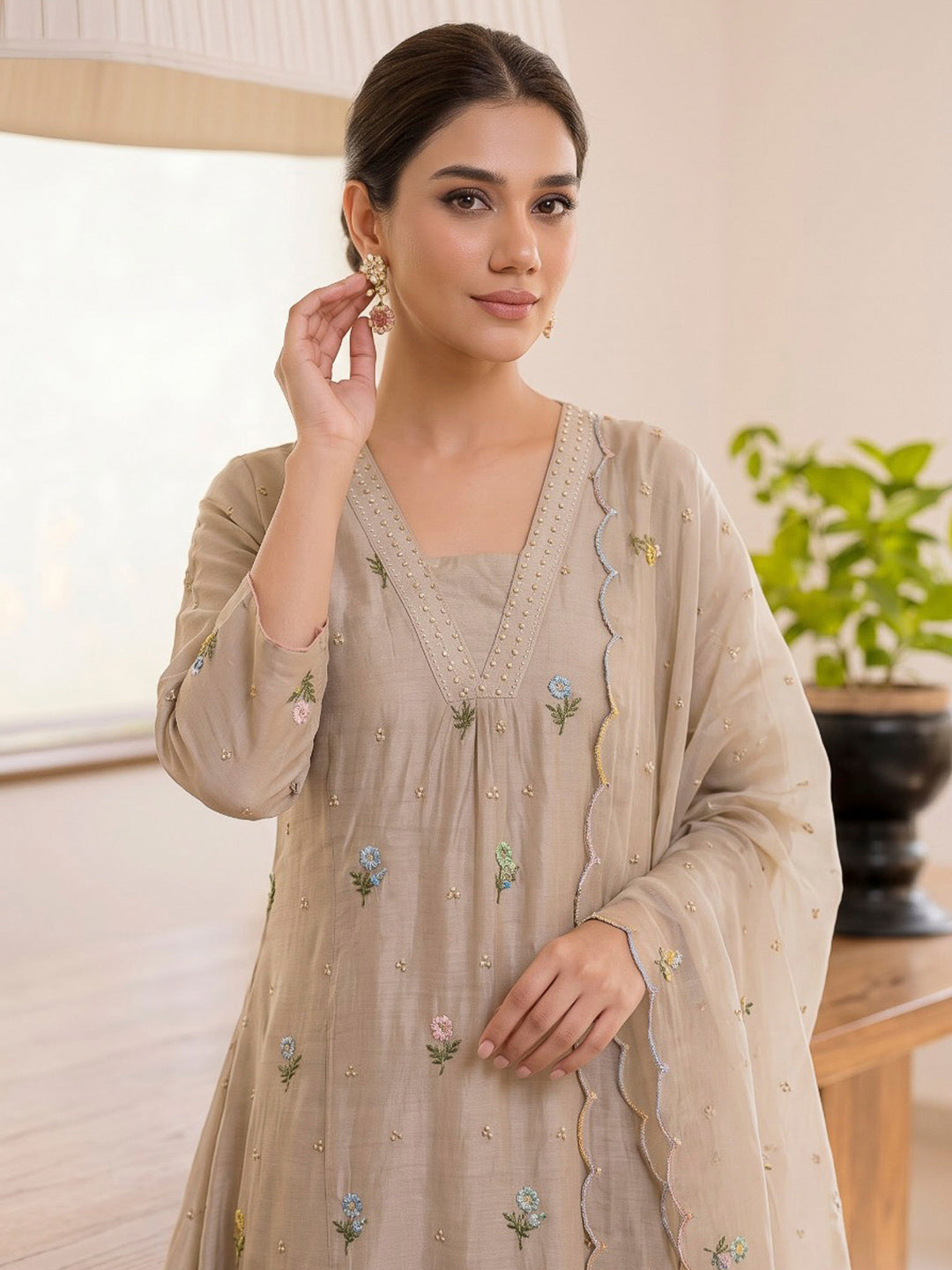 Beige Printed Cotton Blend Kurta With Pant &amp; Dupatta