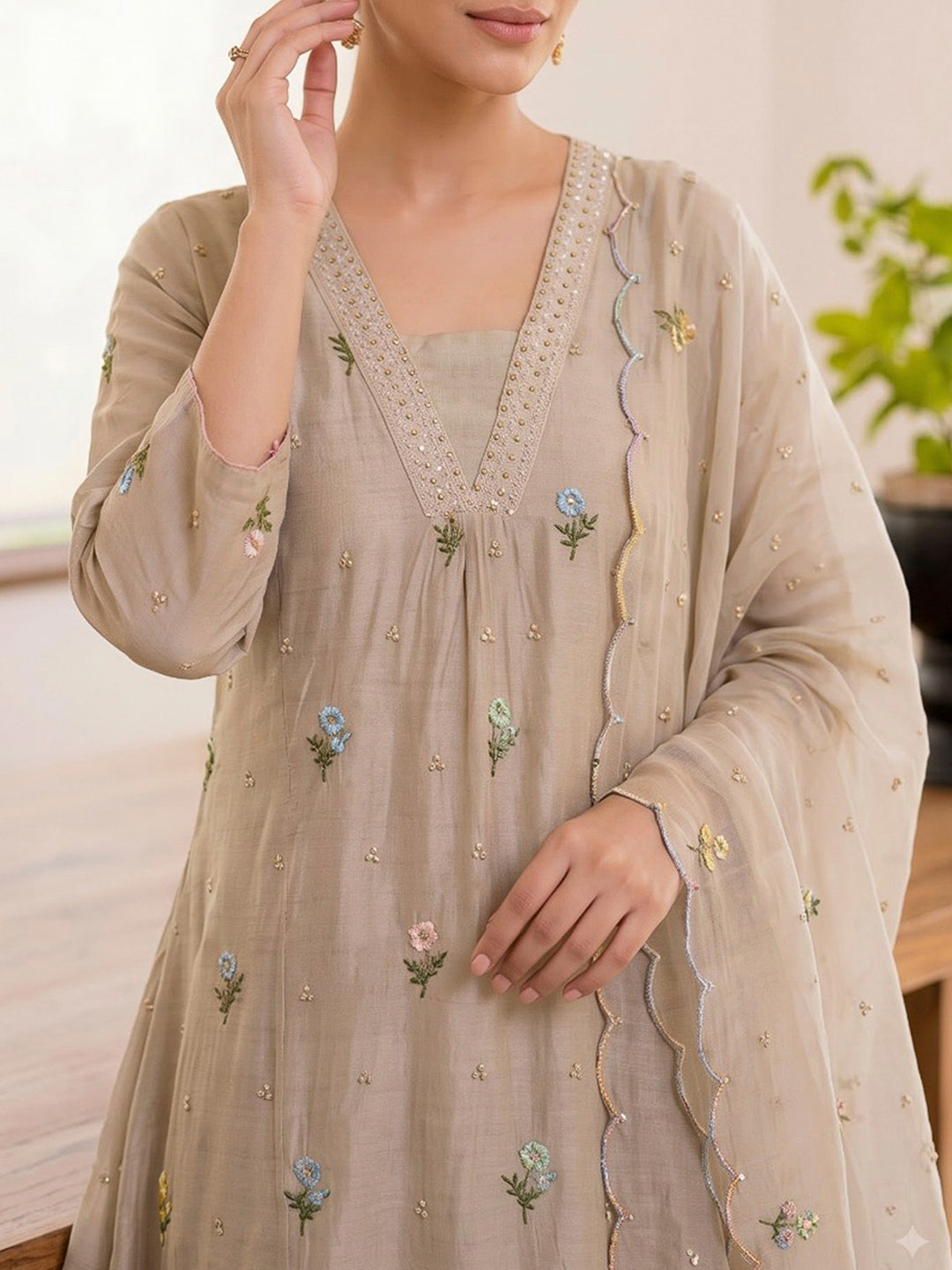 Beige Printed Cotton Blend Kurta With Pant &amp; Dupatta