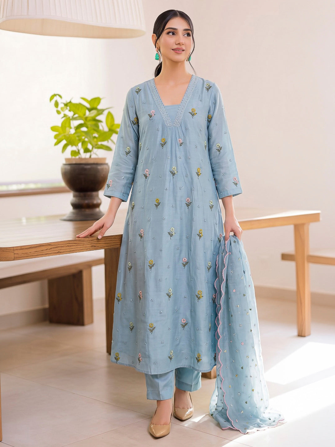 Blue Printed Cotton Blend Kurta With Pant &amp; Dupatta