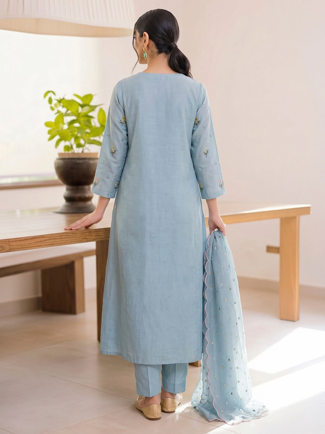 Blue Printed Cotton Blend Kurta With Pant &amp; Dupatta