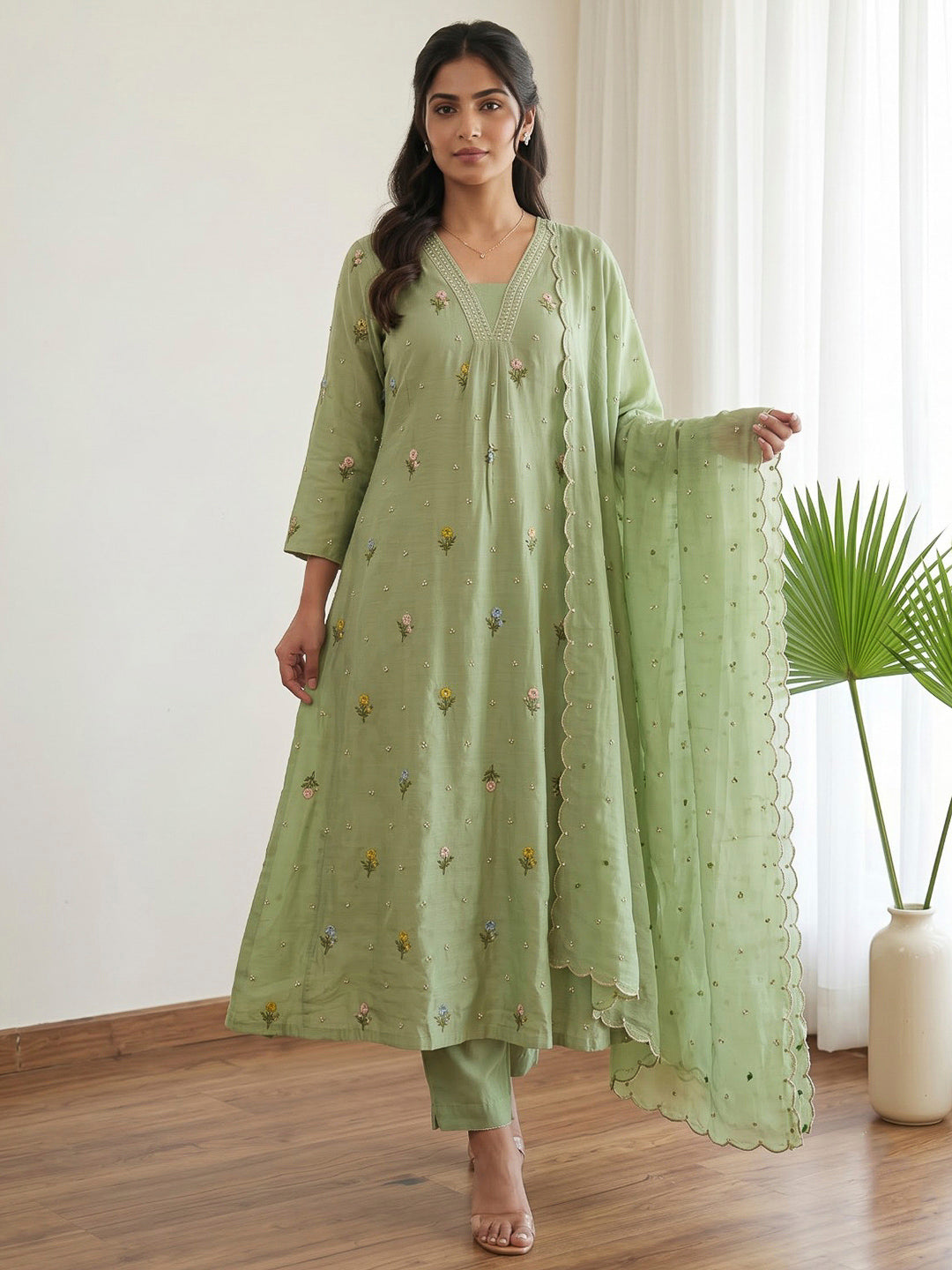 Green Printed Cotton Blend Kurta With Pant &amp; Dupatta