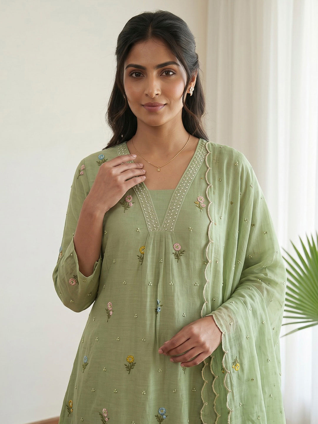 Green Printed Cotton Blend Kurta With Pant &amp; Dupatta