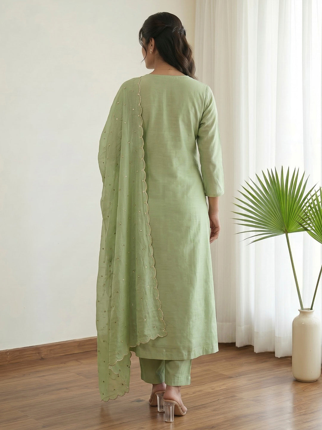Green Printed Cotton Blend Kurta With Pant &amp; Dupatta