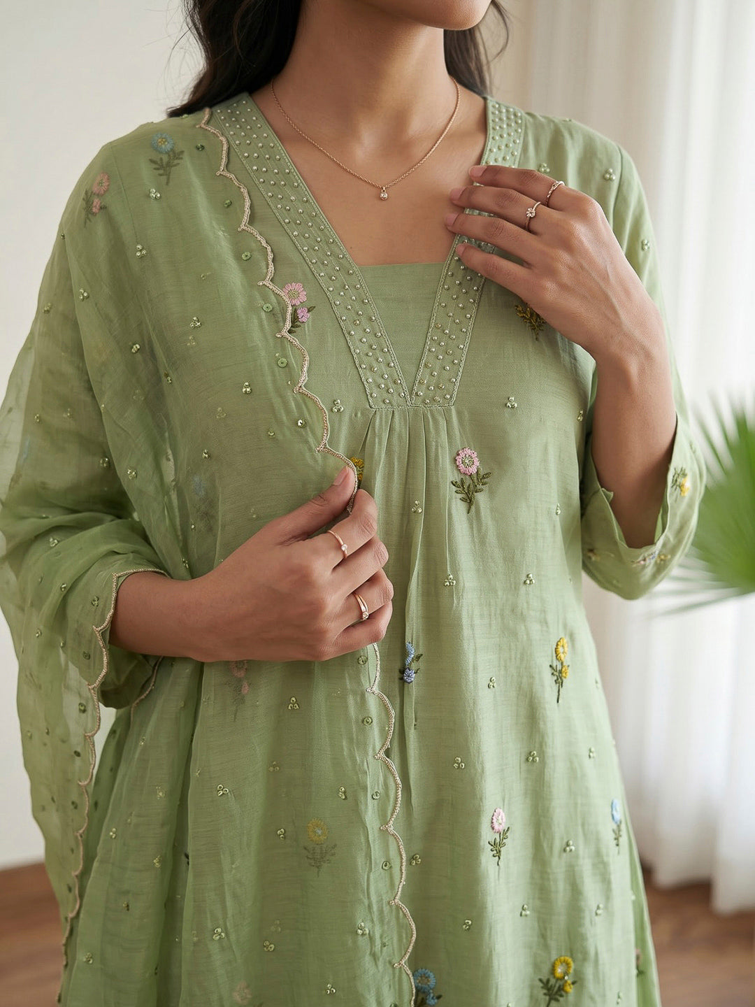 Green Printed Cotton Blend Kurta With Pant &amp; Dupatta