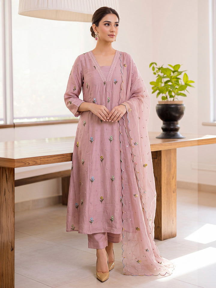 Peach Printed Cotton Blend Kurta With Pant &amp; Dupatta