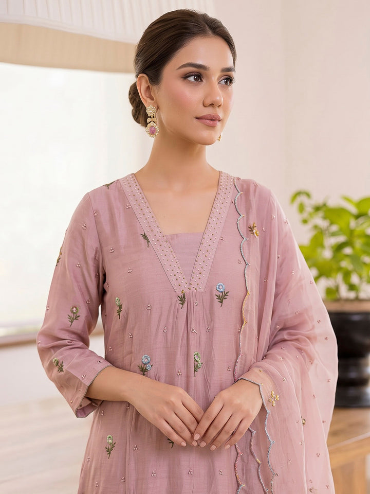 Peach Printed Cotton Blend Kurta With Pant &amp; Dupatta