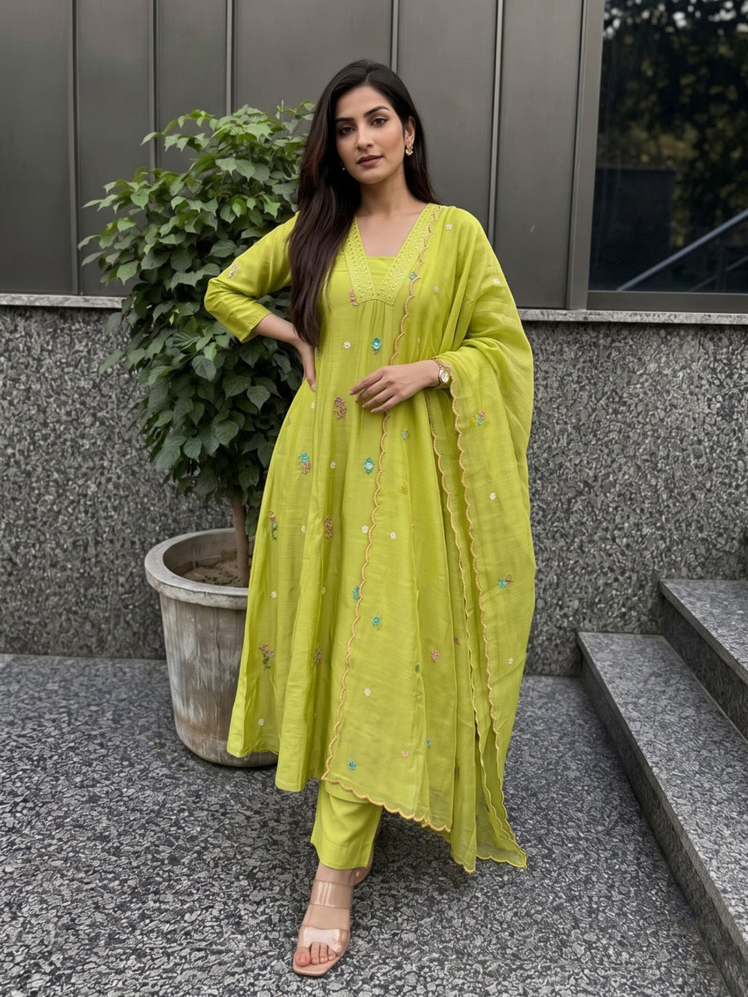 Pista Green Printed Cotton Blend Kurta With Pant &amp; Dupatta