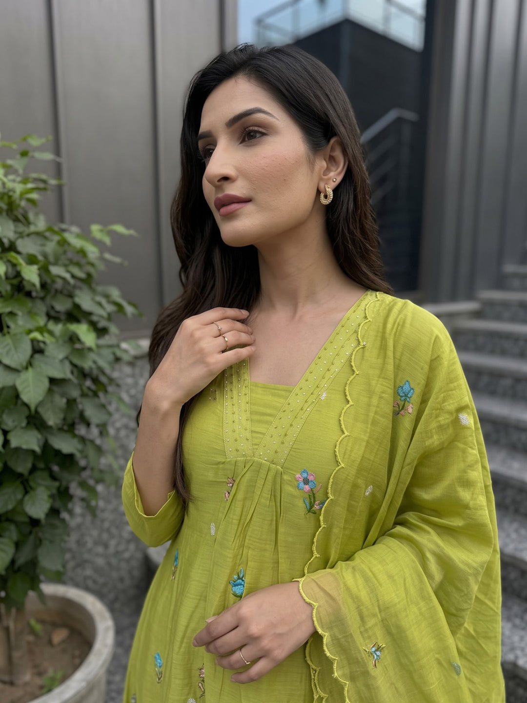 Pista Green Printed Cotton Blend Kurta With Pant &amp; Dupatta