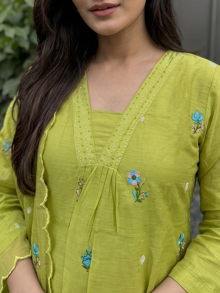 Pista Green Printed Cotton Blend Kurta With Pant &amp; Dupatta