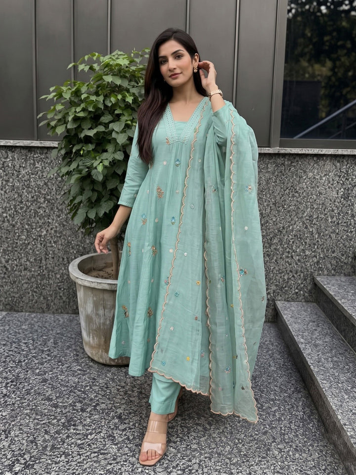 Sea Green Printed Cotton Blend Kurta With Pant &amp; Dupatta