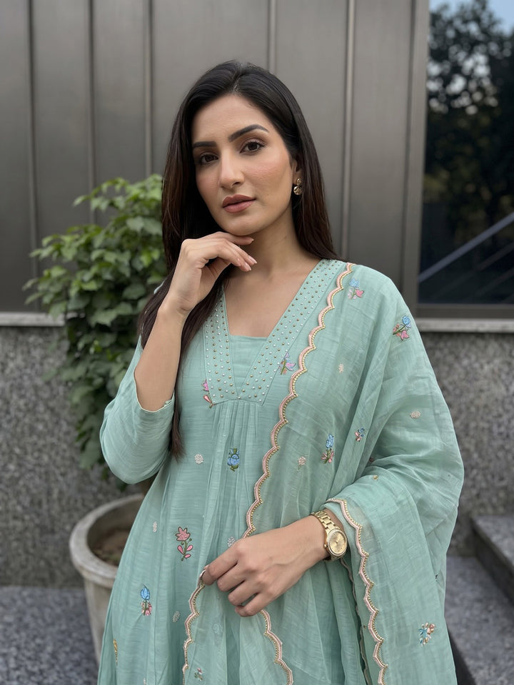 Sea Green Printed Cotton Blend Kurta With Pant &amp; Dupatta