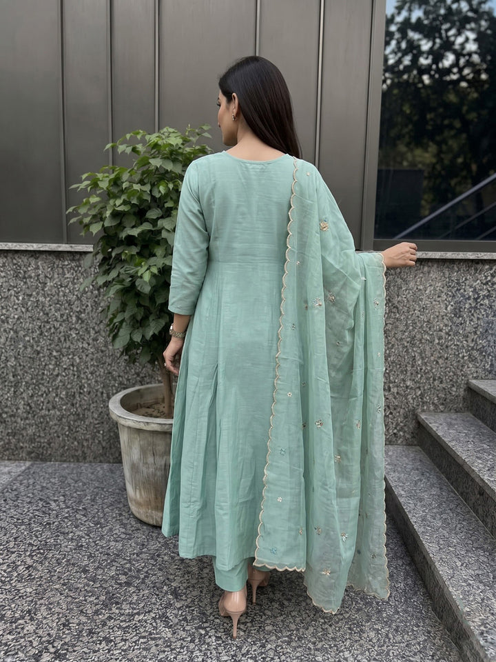 Sea Green Printed Cotton Blend Kurta With Pant &amp; Dupatta