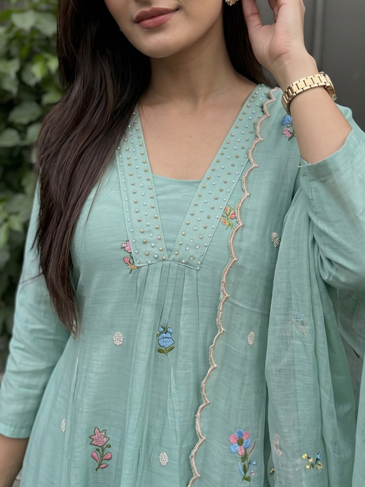 Sea Green Printed Cotton Blend Kurta With Pant &amp; Dupatta