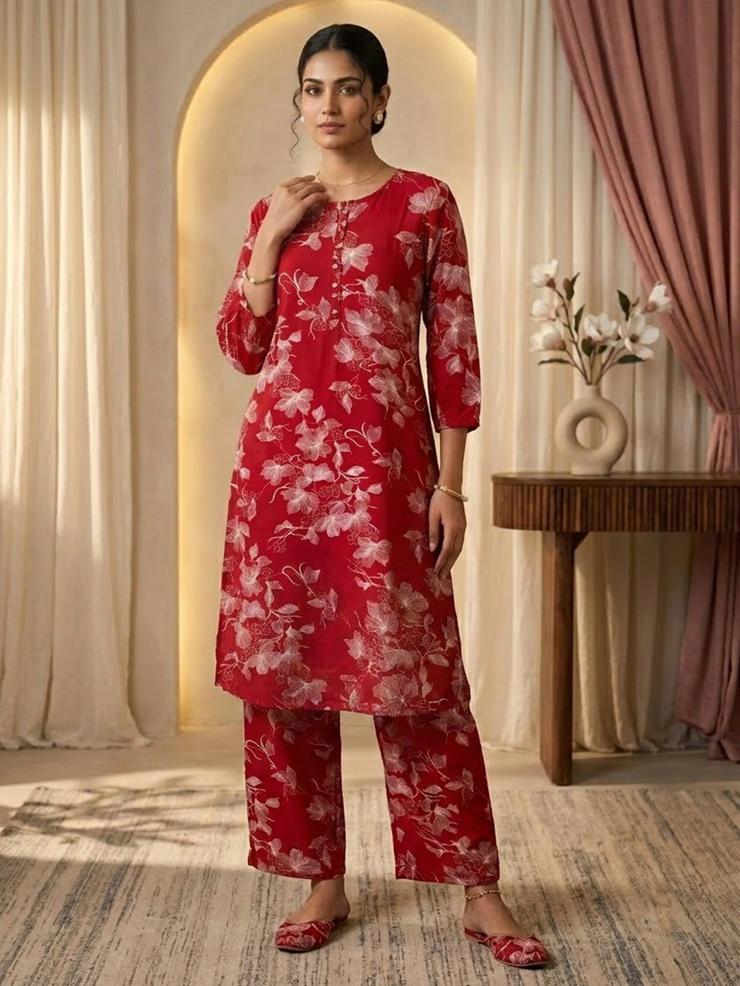 Red Embroidered Cotton Blend Kurta Set