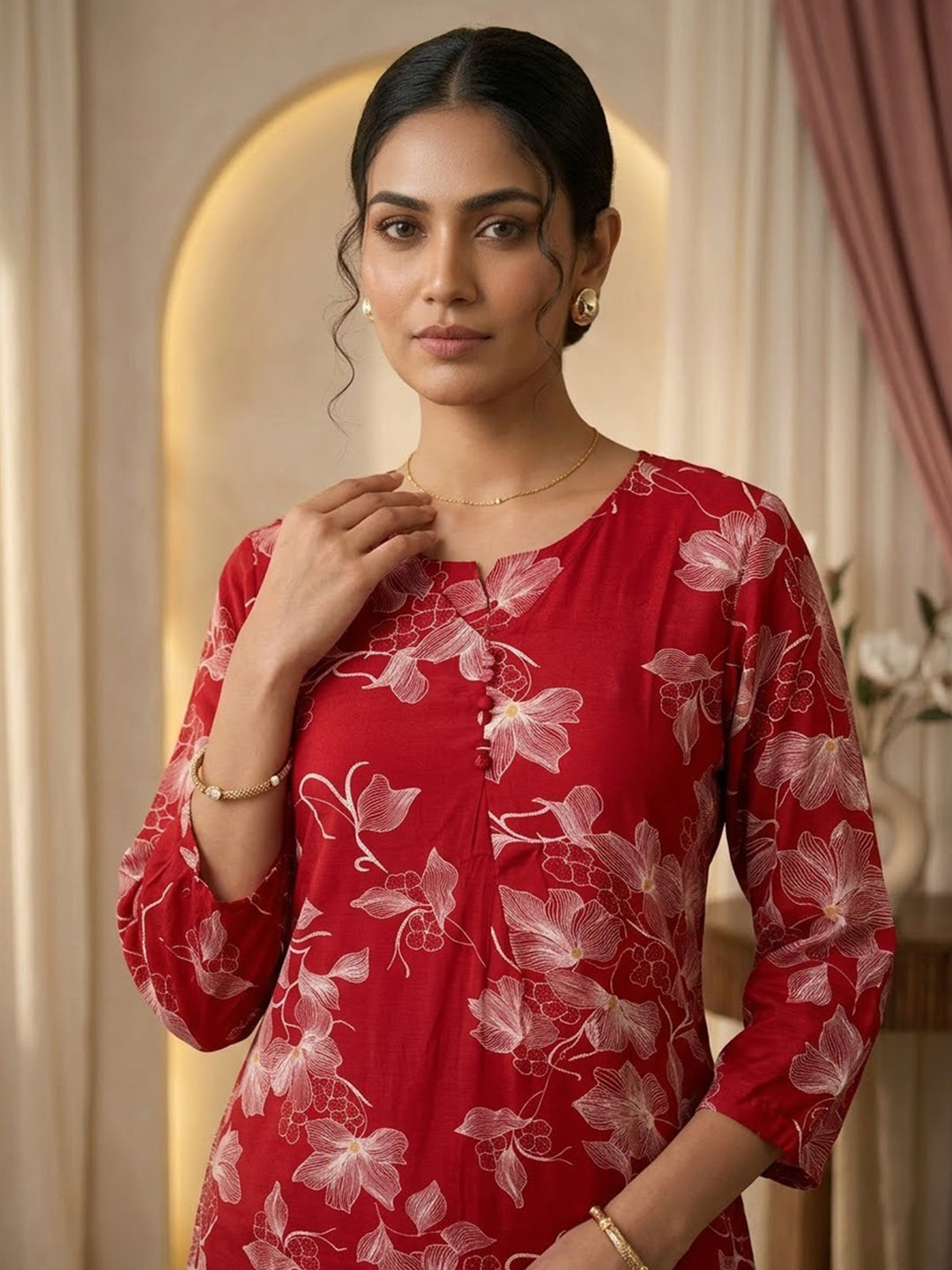 Red Embroidered Cotton Blend Kurta Set