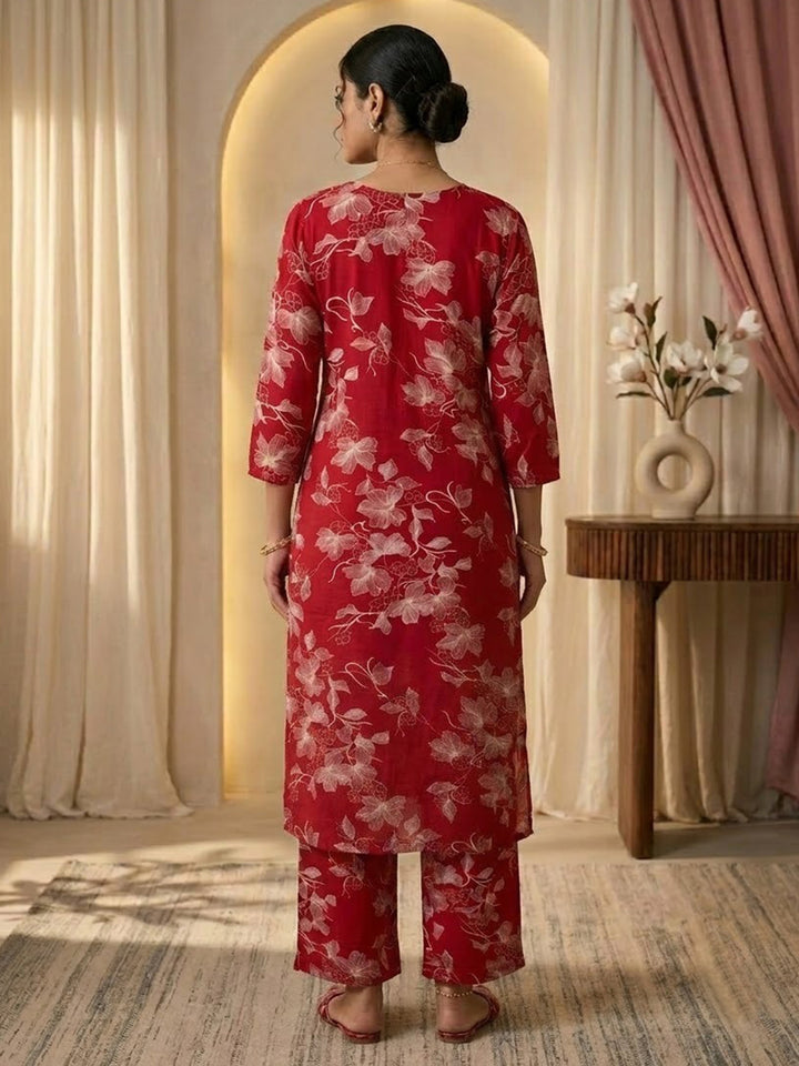 Red Embroidered Cotton Blend Kurta Set