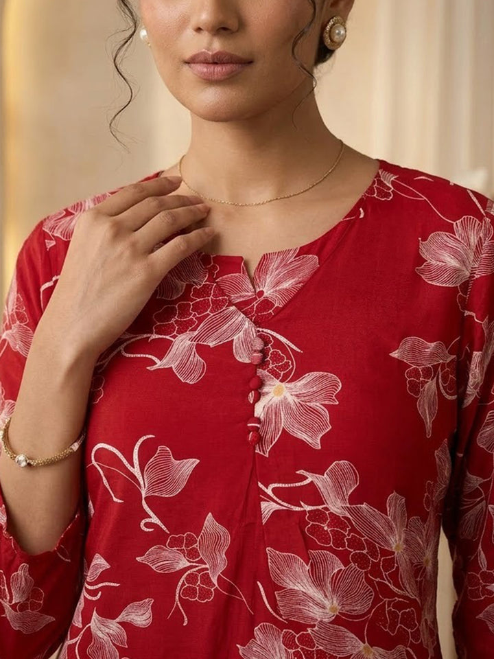 Red Embroidered Cotton Blend Kurta Set
