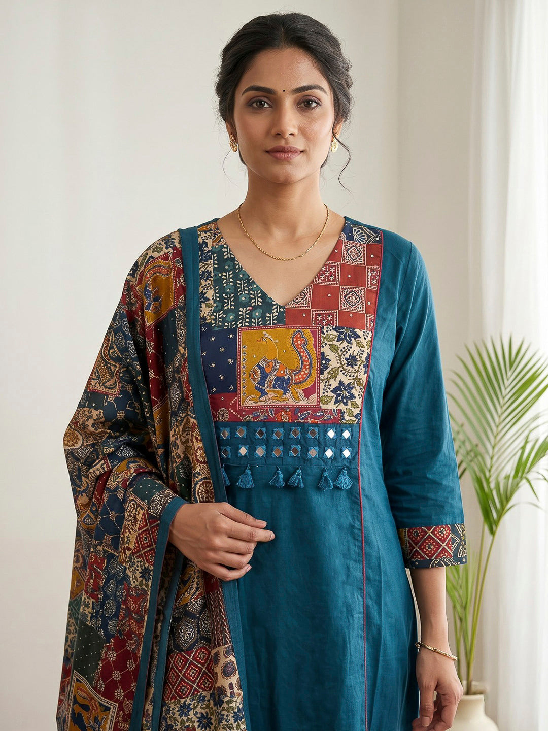 Blue Printed Cotton Blend Kurta With Pant &amp; Dupatta