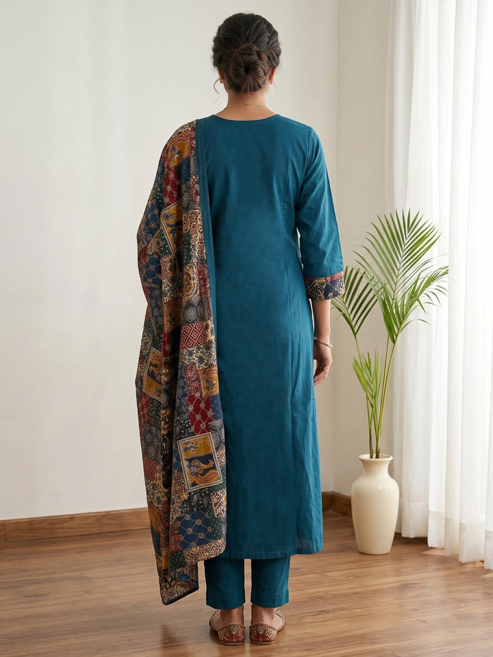 Blue Printed Cotton Blend Kurta With Pant &amp; Dupatta