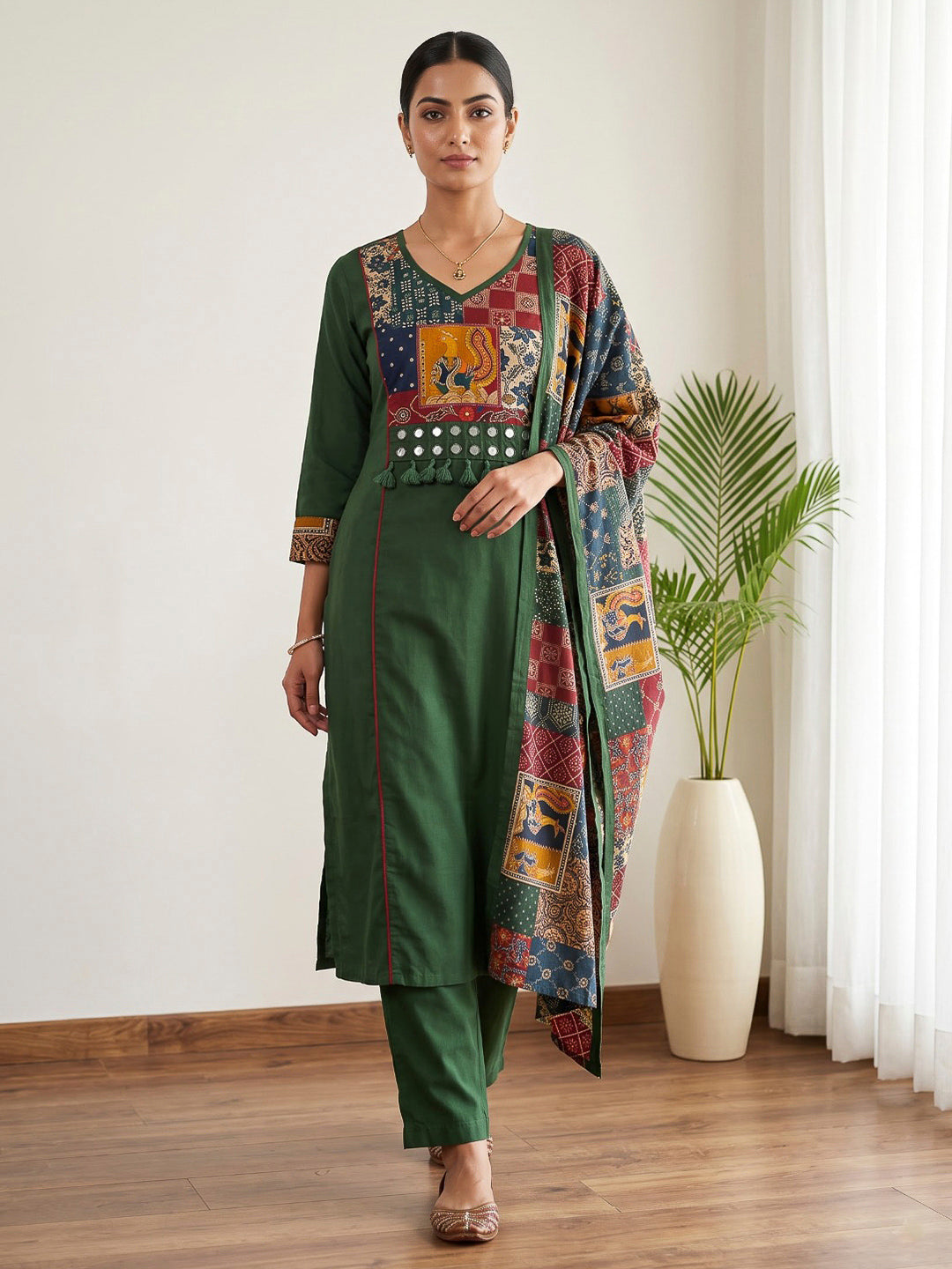 Green Printed Cotton Blend Kurta With Pant &amp; Dupatta
