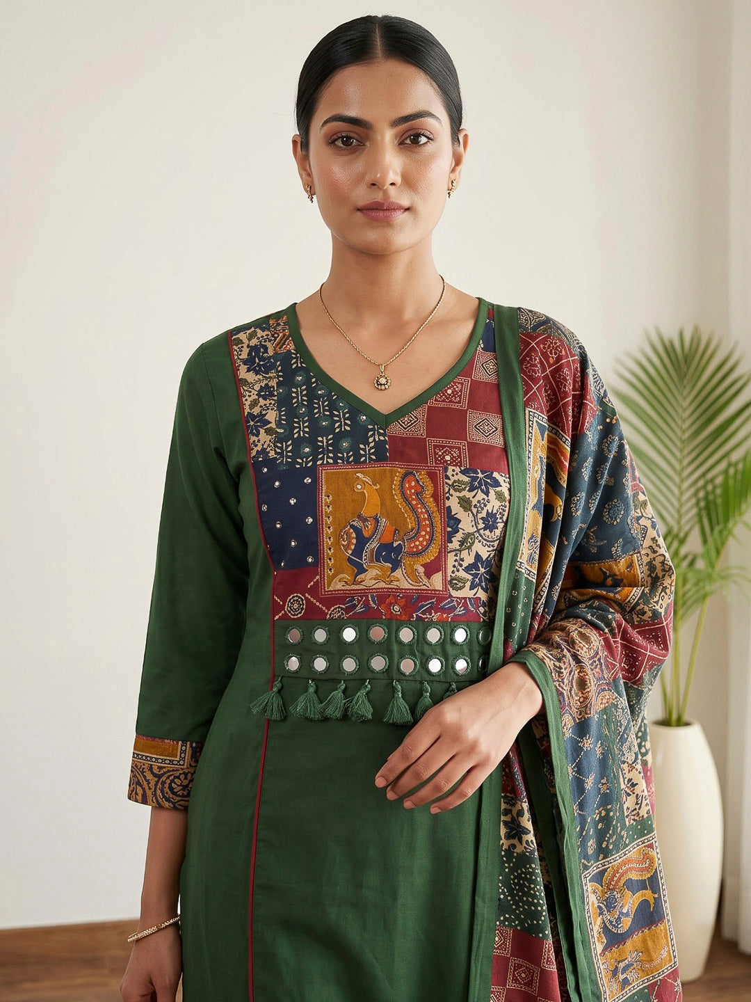 Green Printed Cotton Blend Kurta With Pant &amp; Dupatta