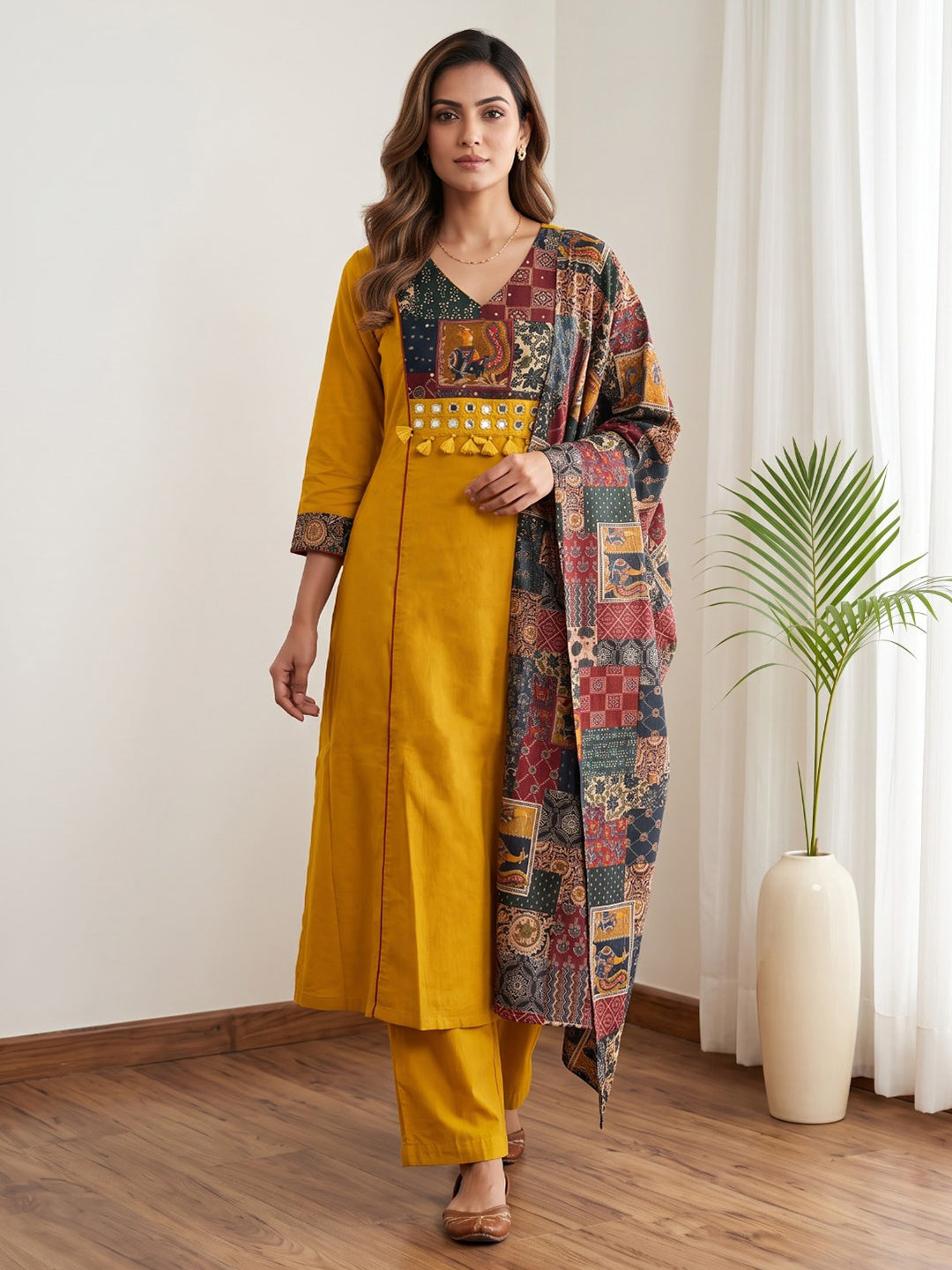 Yellow Printed Cotton Blend Kurta With Pant &amp; Dupatta