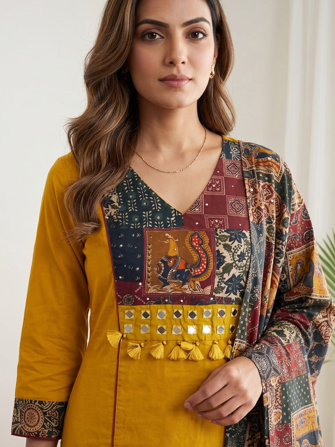 Yellow Printed Cotton Blend Kurta With Pant &amp; Dupatta