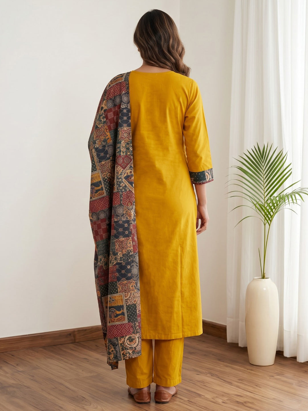 Yellow Printed Cotton Blend Kurta With Pant &amp; Dupatta