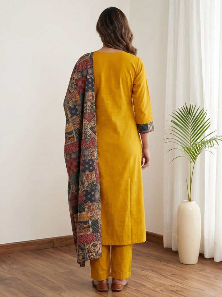 Yellow Printed Cotton Blend Kurta With Pant &amp; Dupatta