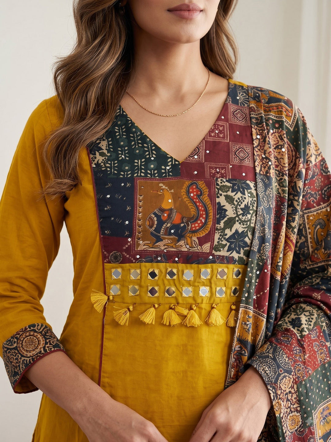 Yellow Printed Cotton Blend Kurta With Pant &amp; Dupatta