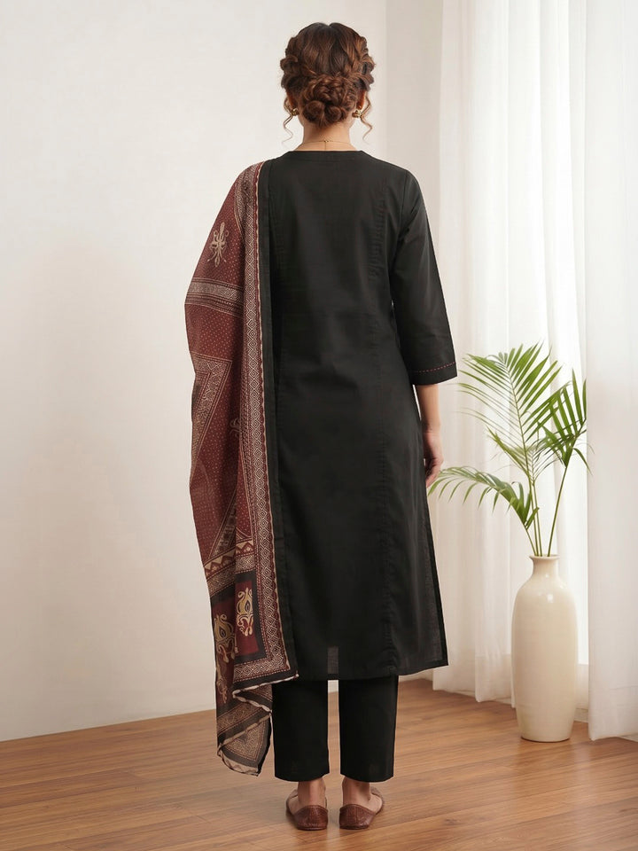 Black Printed Cotton Blend Kurta With Pant &amp; Dupatta