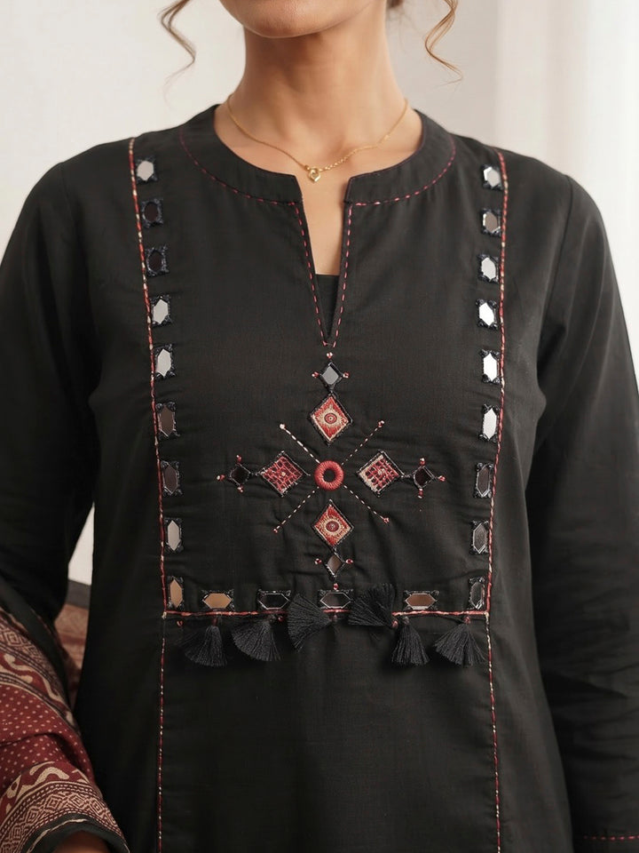 Black Printed Cotton Blend Kurta With Pant &amp; Dupatta