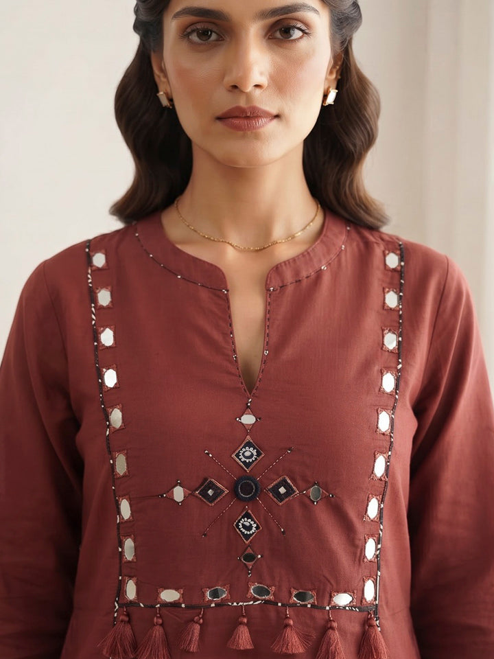 Red Printed Cotton Blend Kurta With Pant &amp; Dupatta