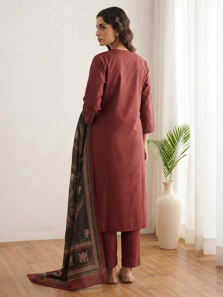 Red Printed Cotton Blend Kurta With Pant &amp; Dupatta