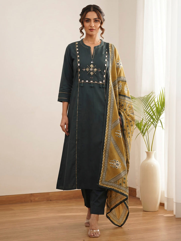 Teal Blue Printed Cotton Blend Kurta With Pant &amp; Dupatta