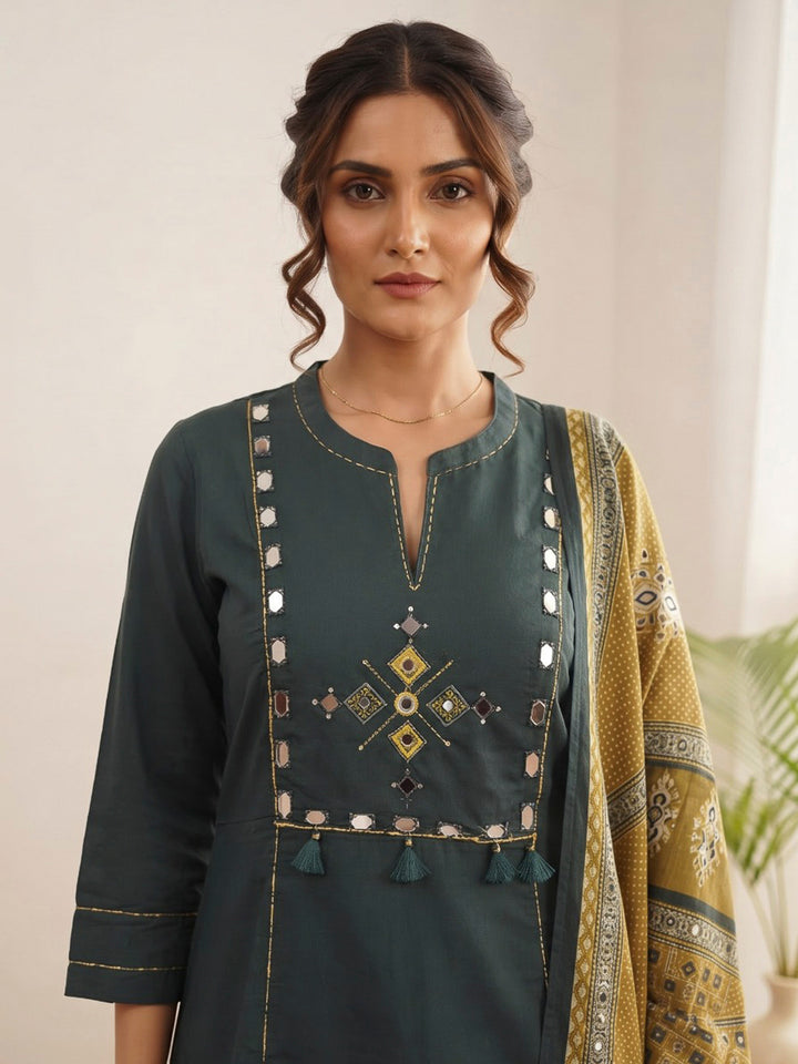 Teal Blue Printed Cotton Blend Kurta With Pant &amp; Dupatta