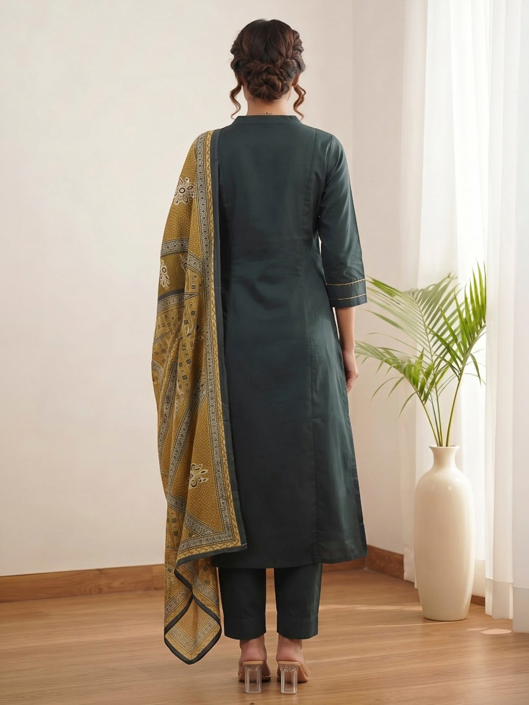 Teal Blue Printed Cotton Blend Kurta With Pant &amp; Dupatta