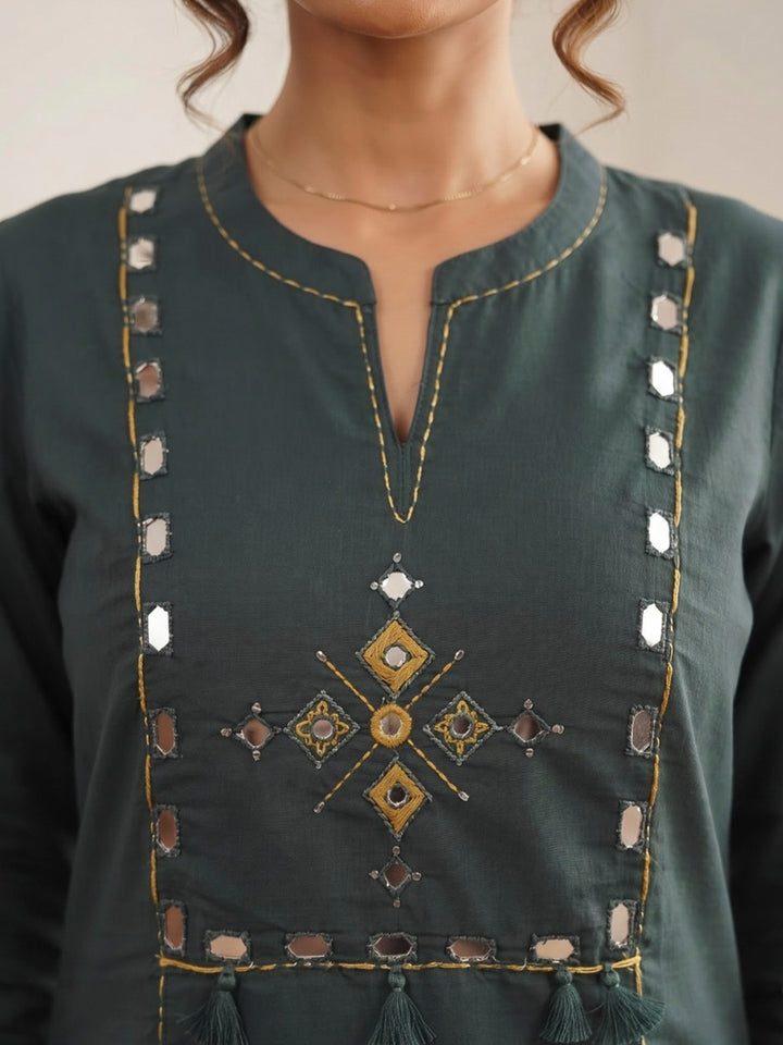 Teal Blue Printed Cotton Blend Kurta With Pant &amp; Dupatta