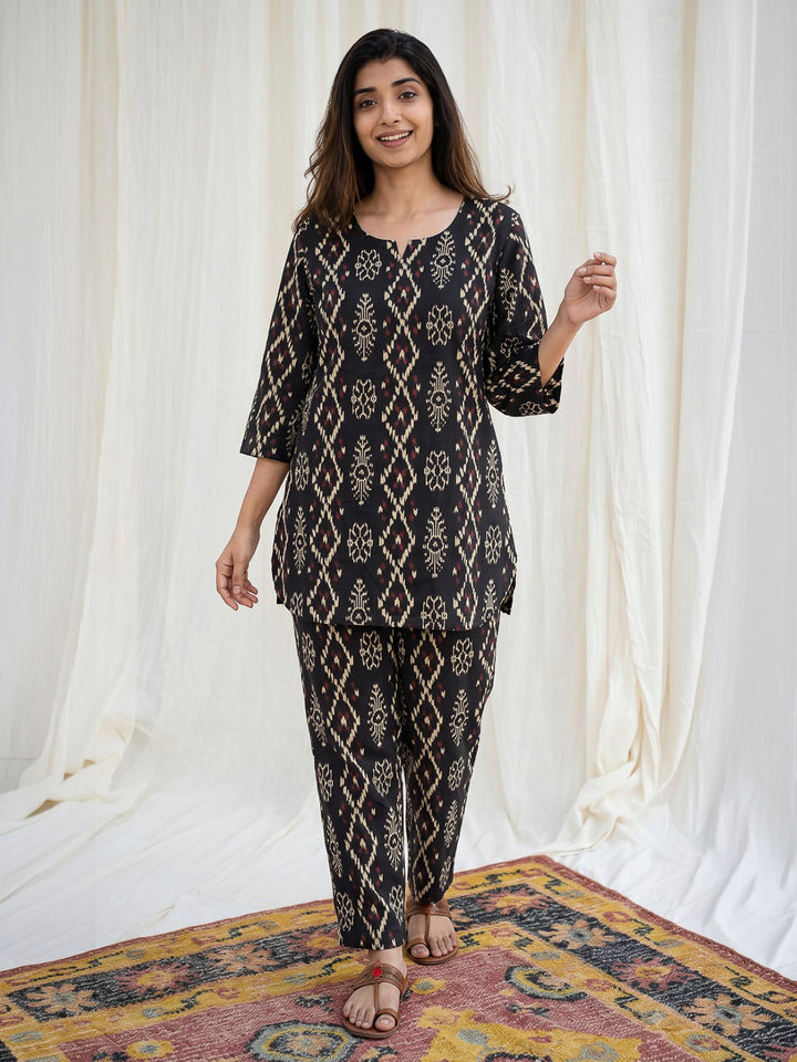 Black Printed Cotton Blend Kurta Set