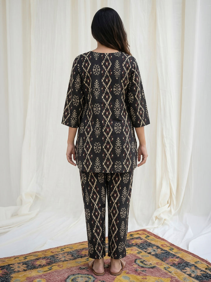 Black Printed Cotton Blend Kurta Set
