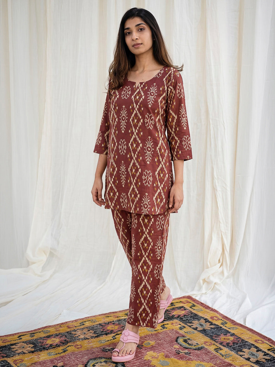 Red Printed Cotton Blend Kurta Set