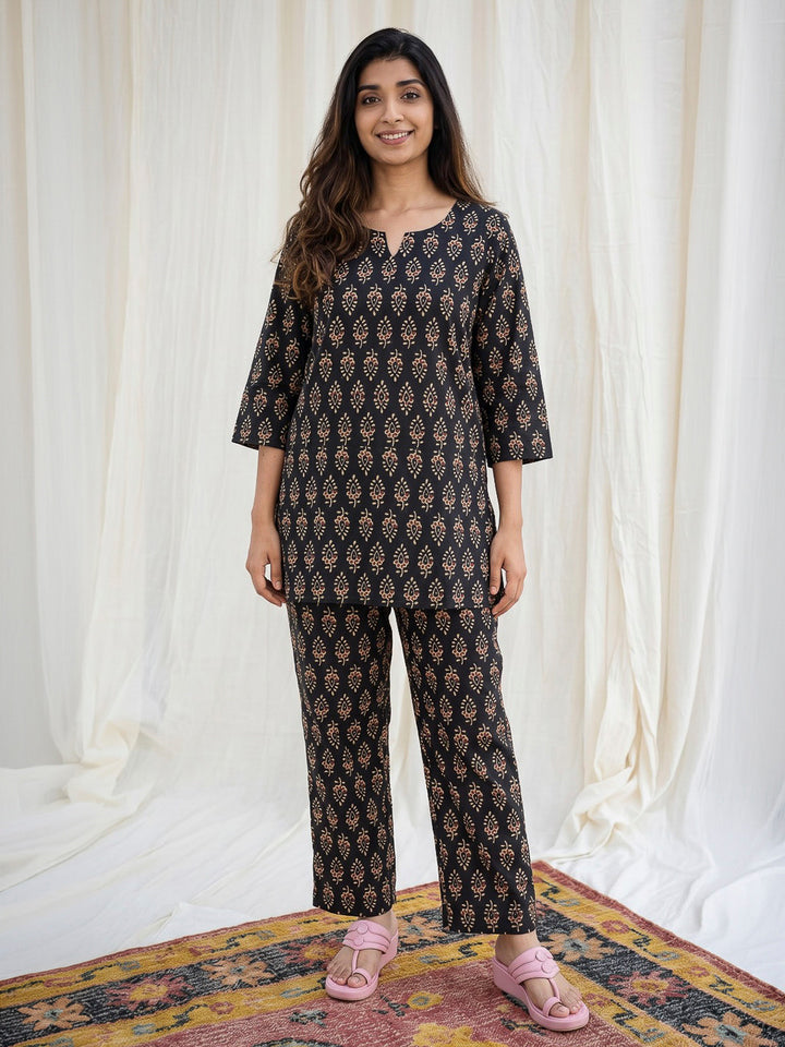 Black Printed Cotton Blend Kurta Set