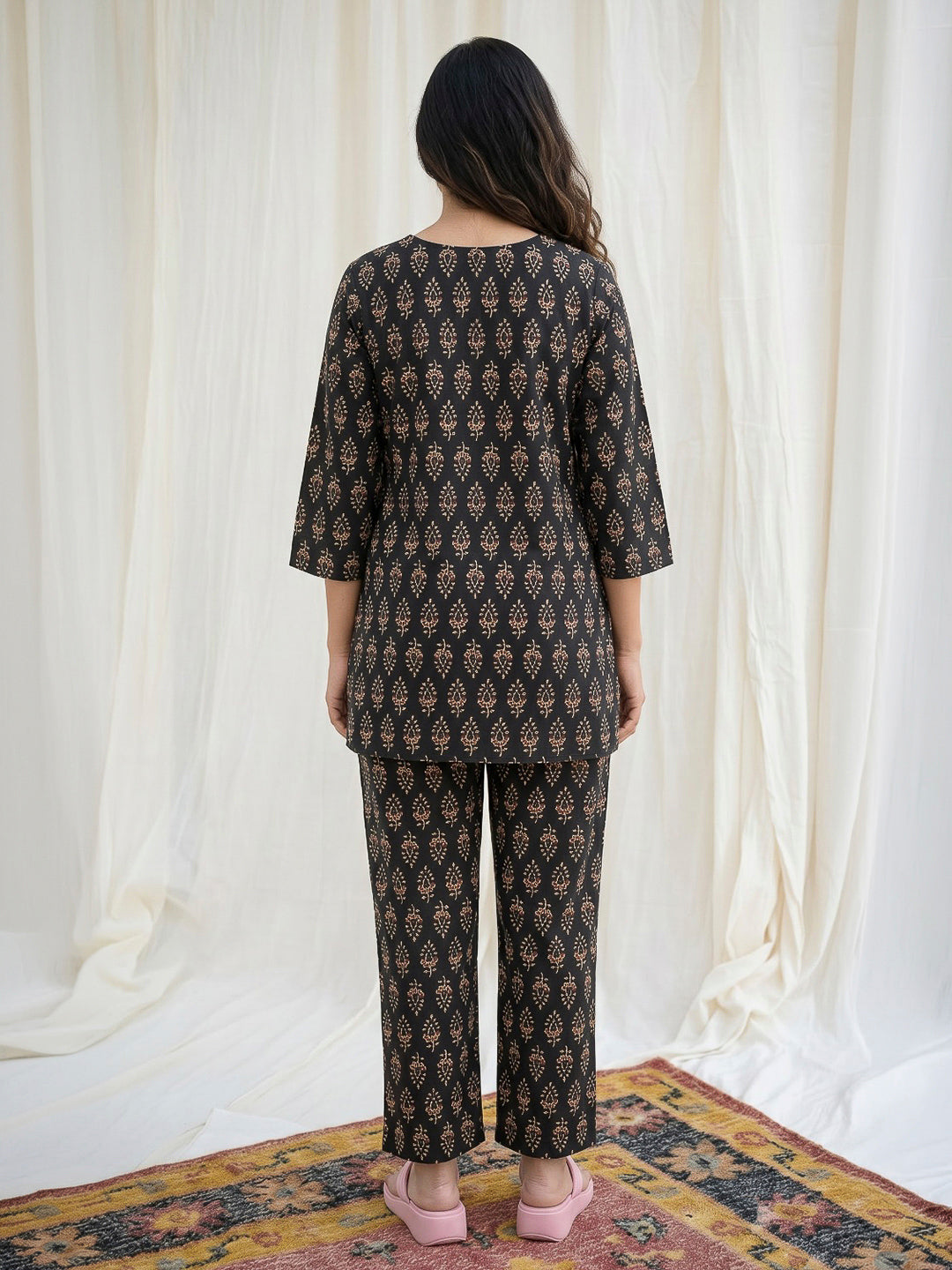 Black Printed Cotton Blend Kurta Set