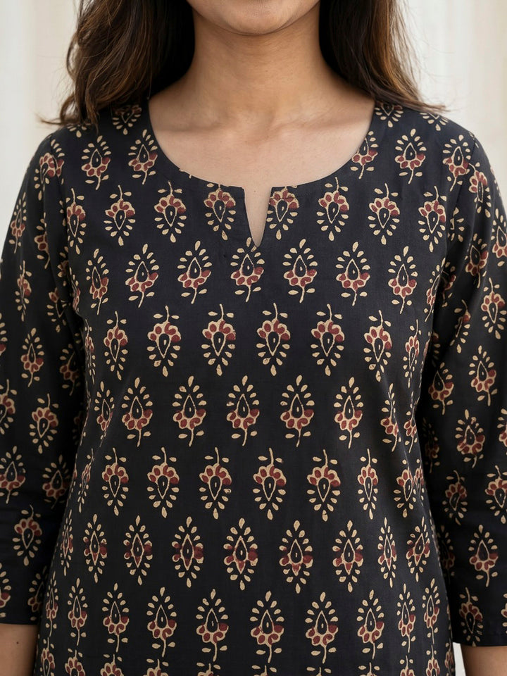 Black Printed Cotton Blend Kurta Set